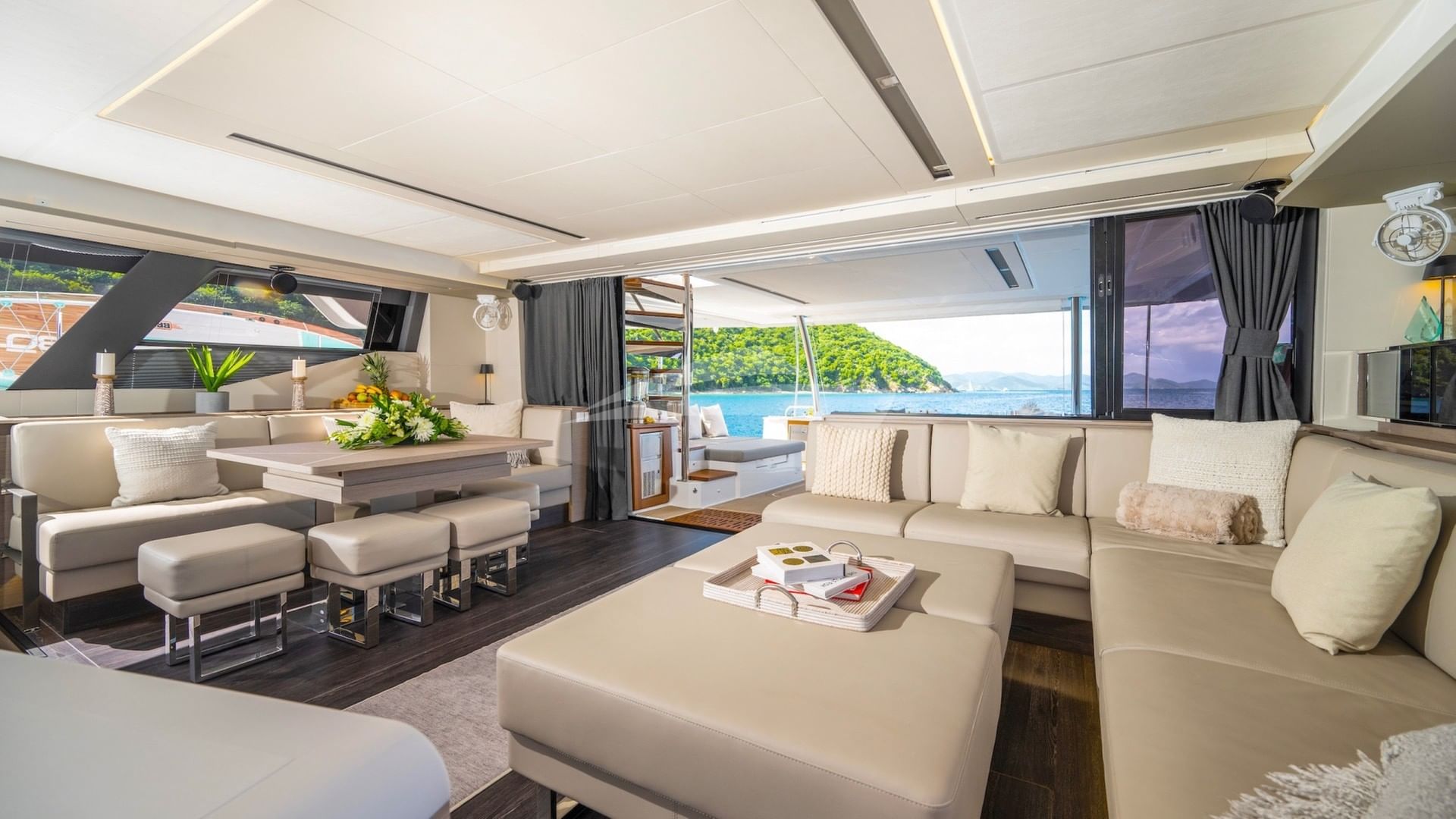 Liquid Sky's spacious saloon, looking aft