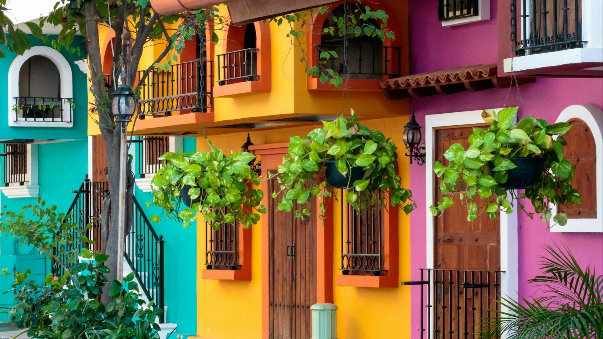 Quaint building facade in Puerto Vallarta Mexico with traditional bright colors
