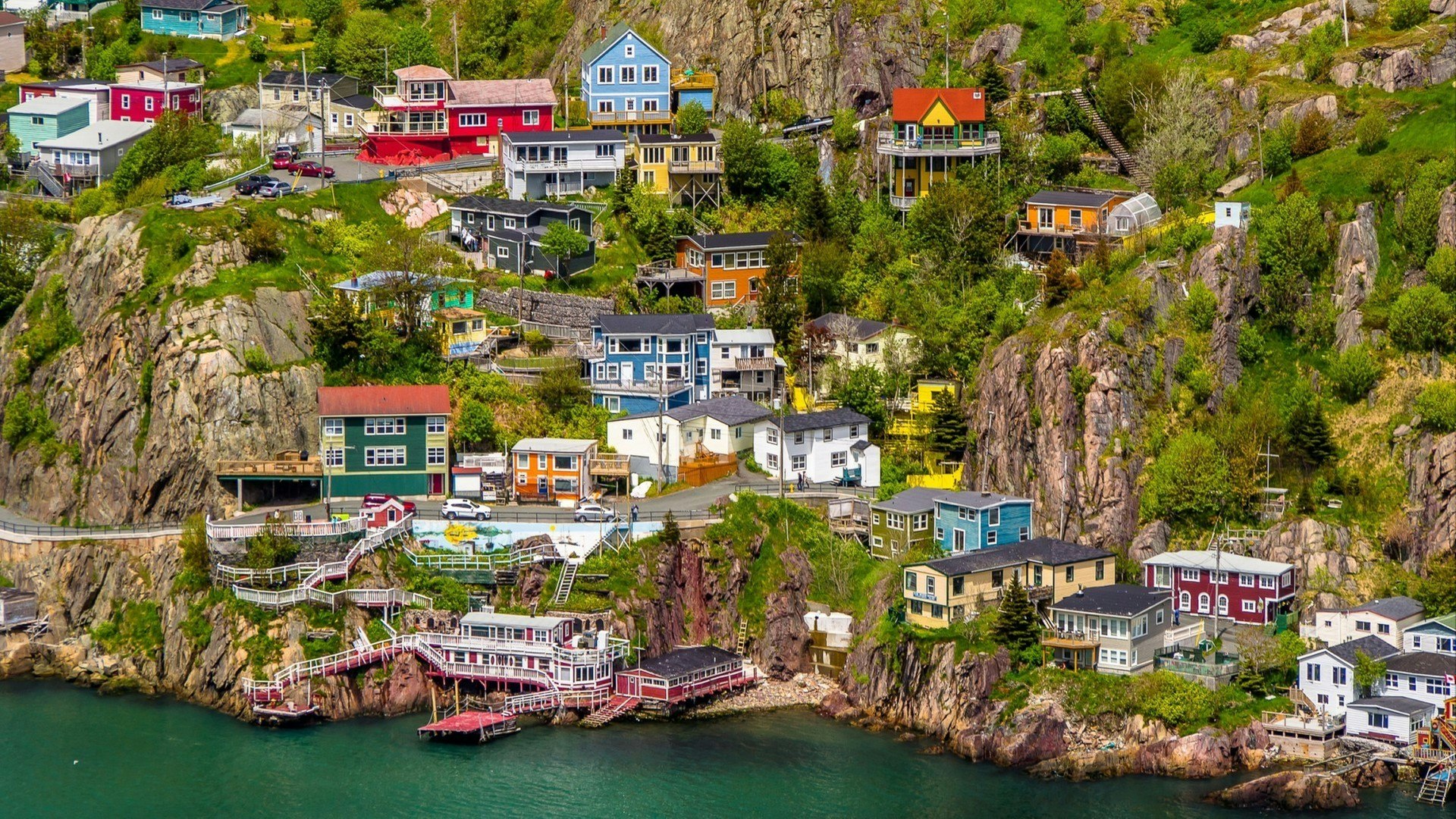 Aerial view of beautiful colourful houses built on the rocky slope of the Signal Hill