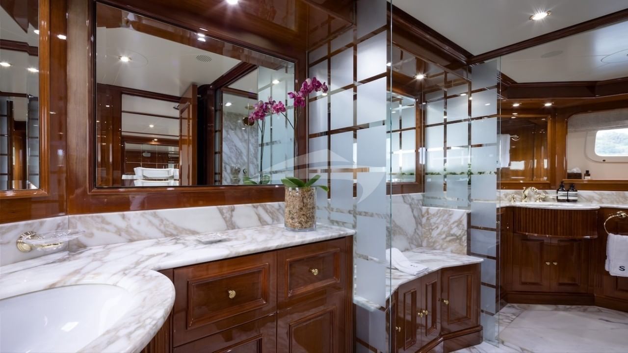Master stateroom is his and hers en suite with a shower