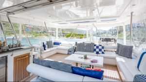 The huge flybridge lounging area & helm