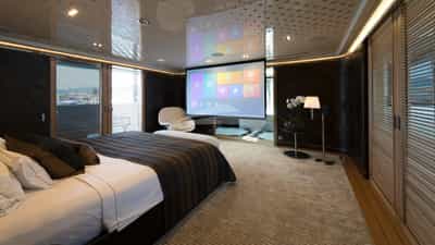 Master stateroom with media projection screen