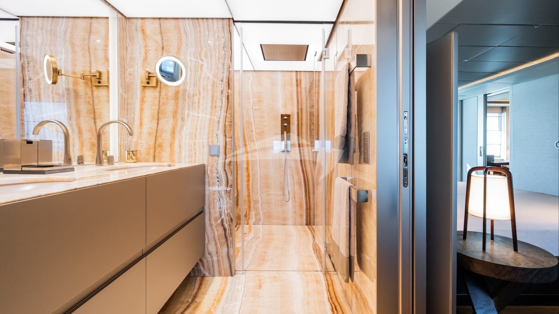 Master stateroom is en suite with his and hers sinks and shower