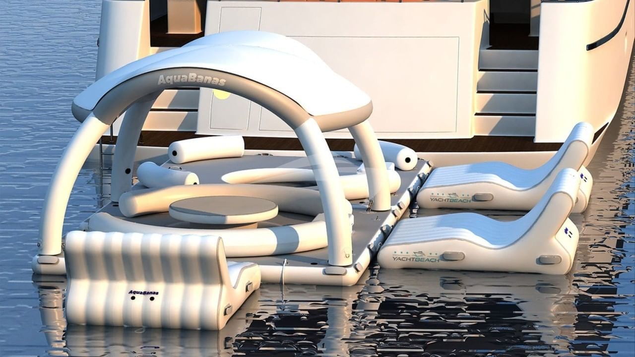 10-person floating island and chaise lounges
