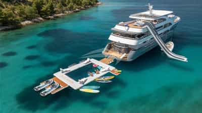 Aerial view at anchor with toys and pool