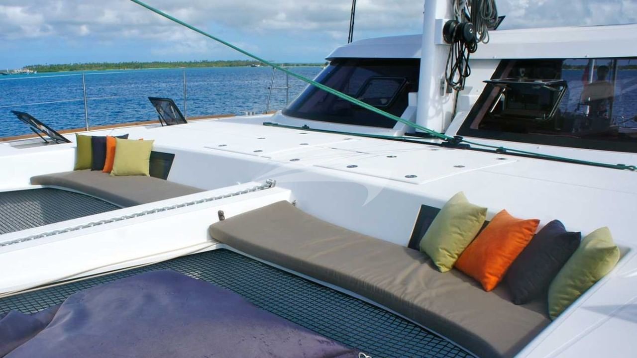 comfortable lounging on foredeck trampoline