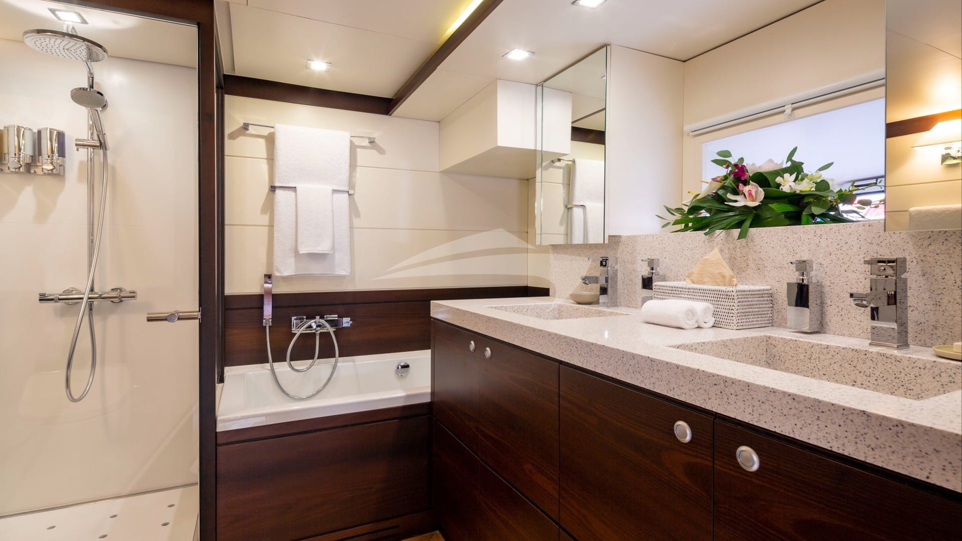 Master bath with twin sinks, full tub & large stall shower