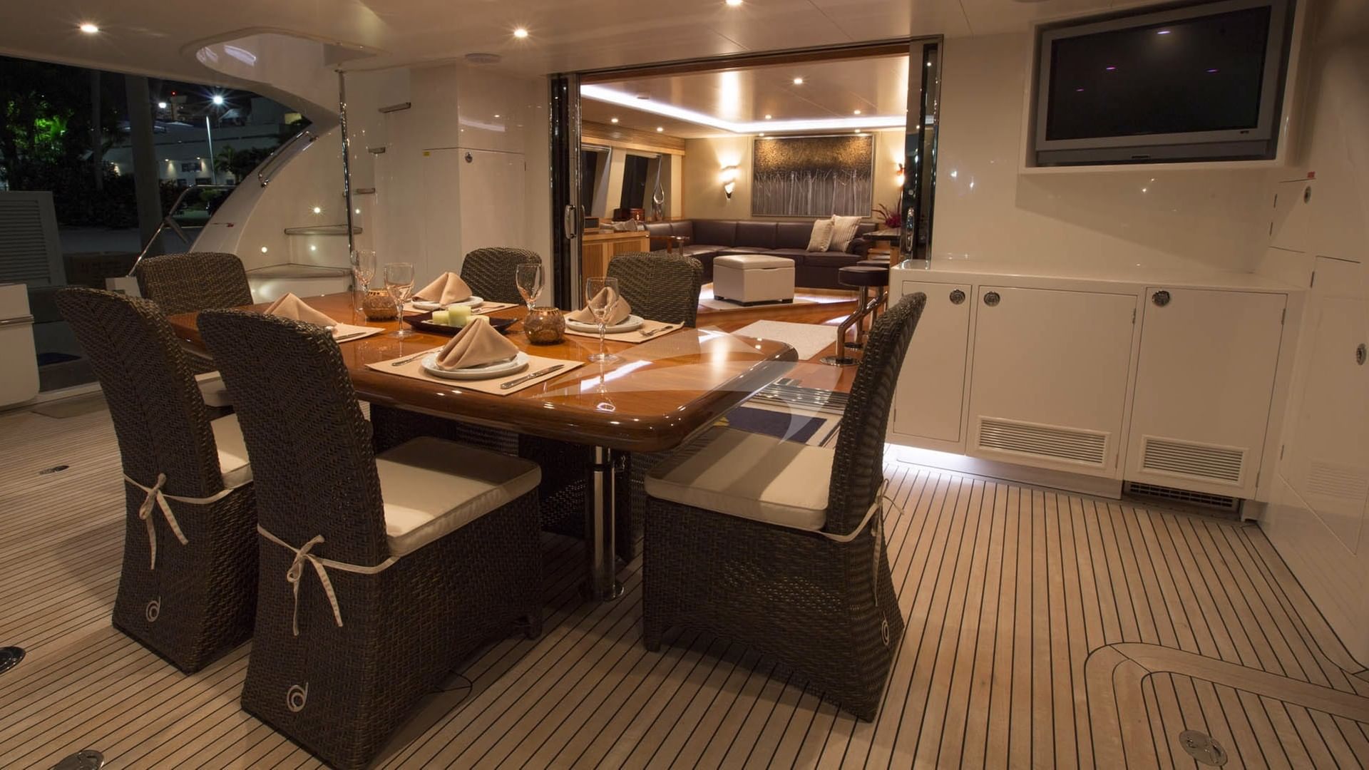 Aft deck dining by night