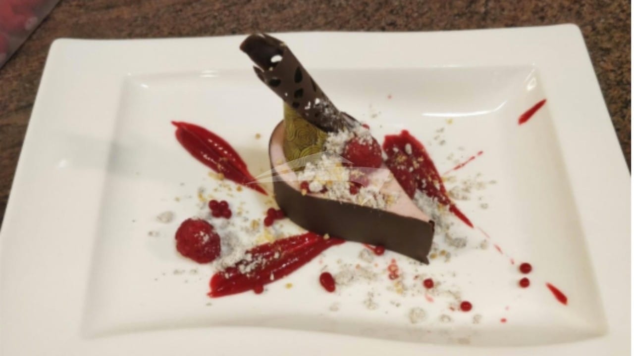 Raspberry Mousse in a chocolate teardrop, raspberry fluid gel, raspberry  caviar, chocolate run outs and chocolate snow (Day 3)