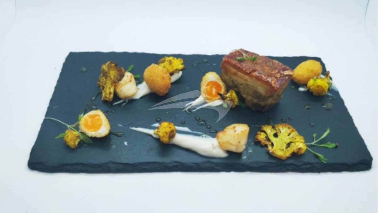 Slow Cooked Belly Pork, Pan Fried Scallops, Cauliflower Puree, Roasted   Cauliflower Florets, Crispy Quail Eggs (Day 6) 