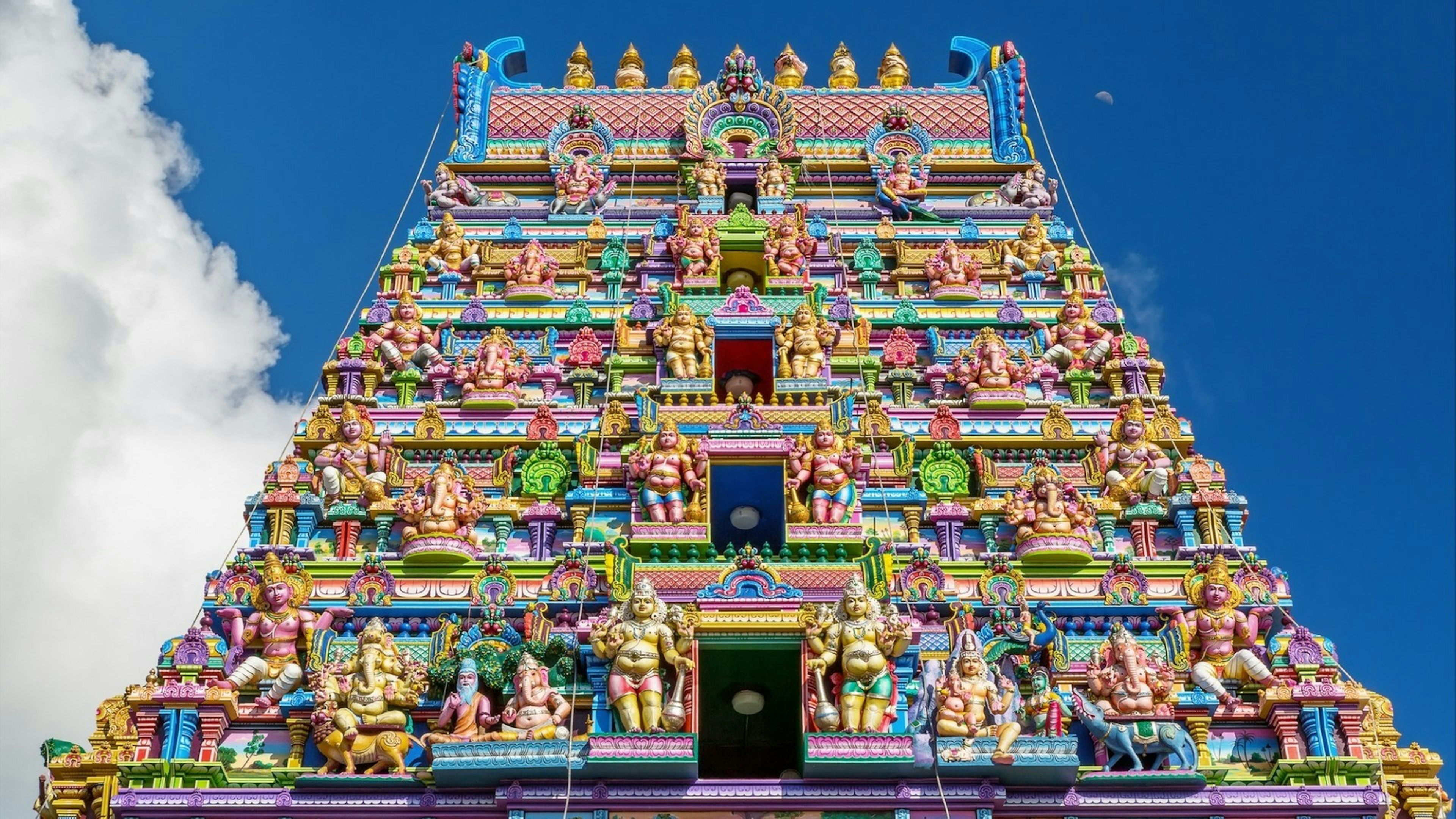 Colorful facade of a Hindu temple in Victoria, Mahe, Seychelles, also known as ARUL MIHU NAVASAKTHI VINAYAGAR