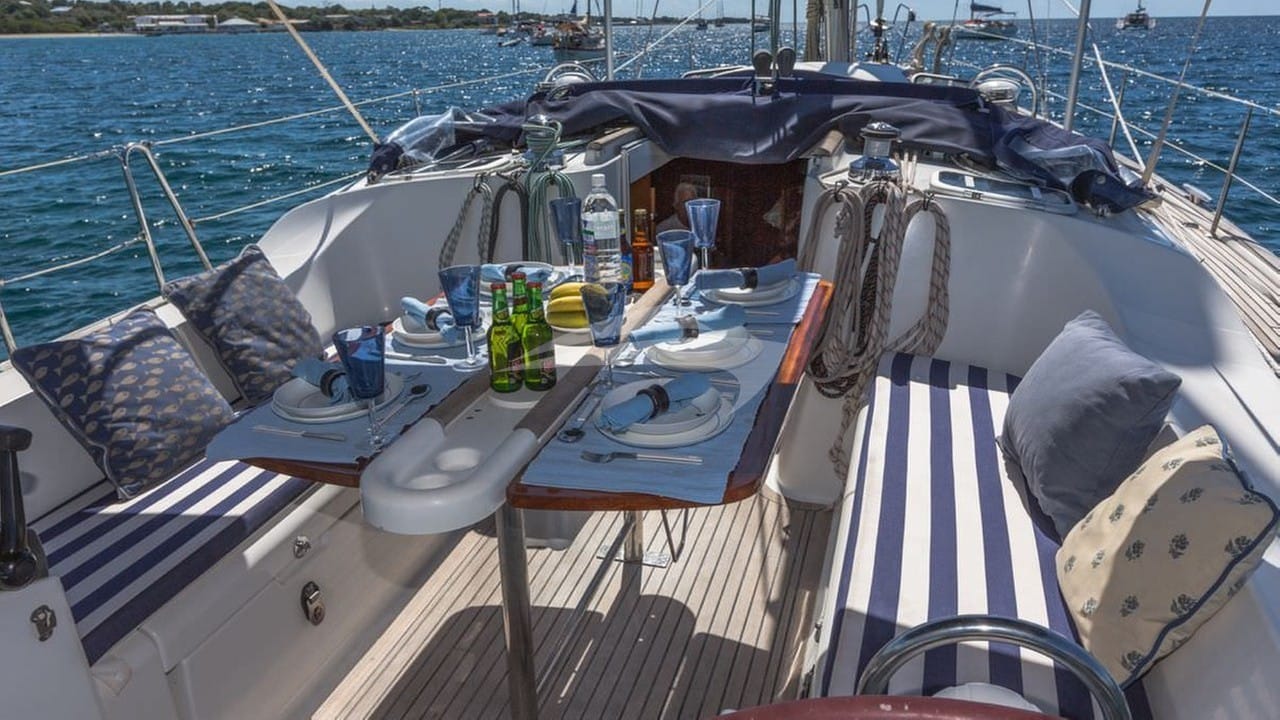 Cockpit with varnished teak table