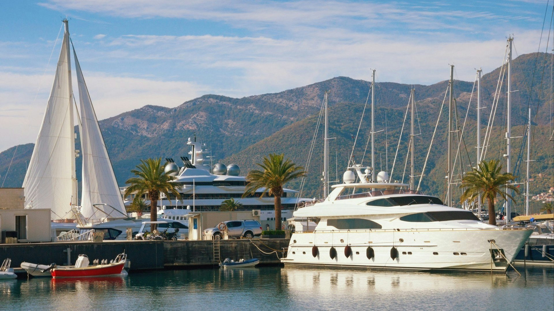 View of luxury yacht marina in the Adriatic - Porto Montenegro . Bay of Kotor, Tivat, Montenegro