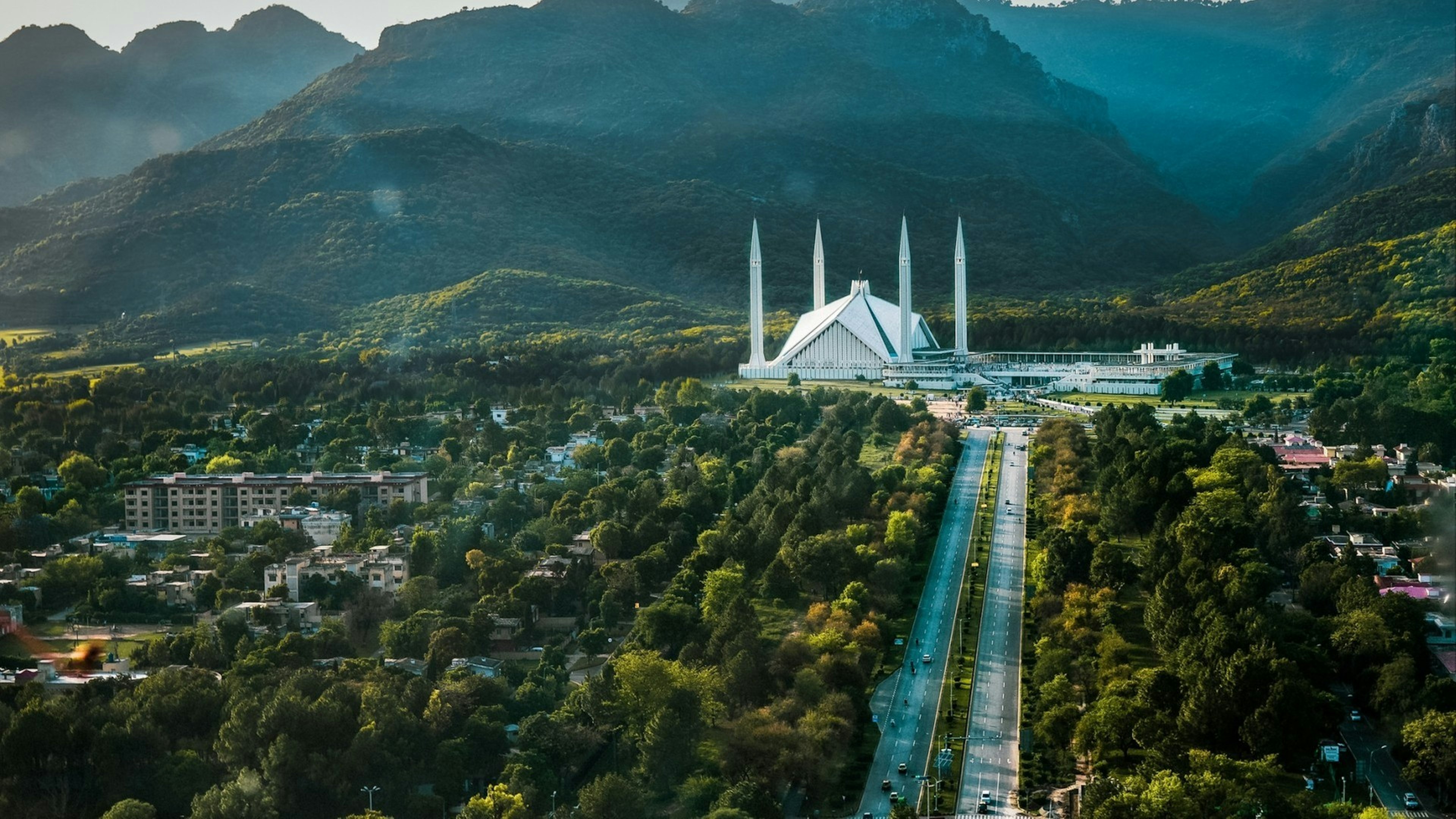 Aerial photo of Islamabad, the capital city of Pakistan showing the landmark Shah Faisal Mosque