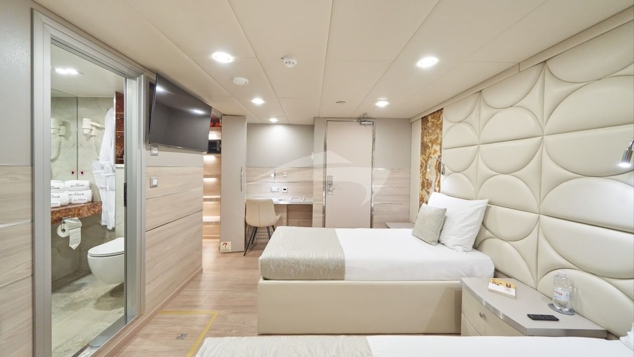 Lower deck, has x 4 well appointed convertible double staterooms (can be twin or king double)