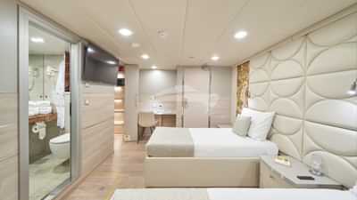 Lower deck, has x 4 well appointed convertible double staterooms (can be twin or king double)