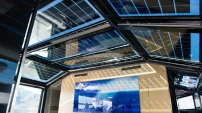 Vaulted ceiling of media room