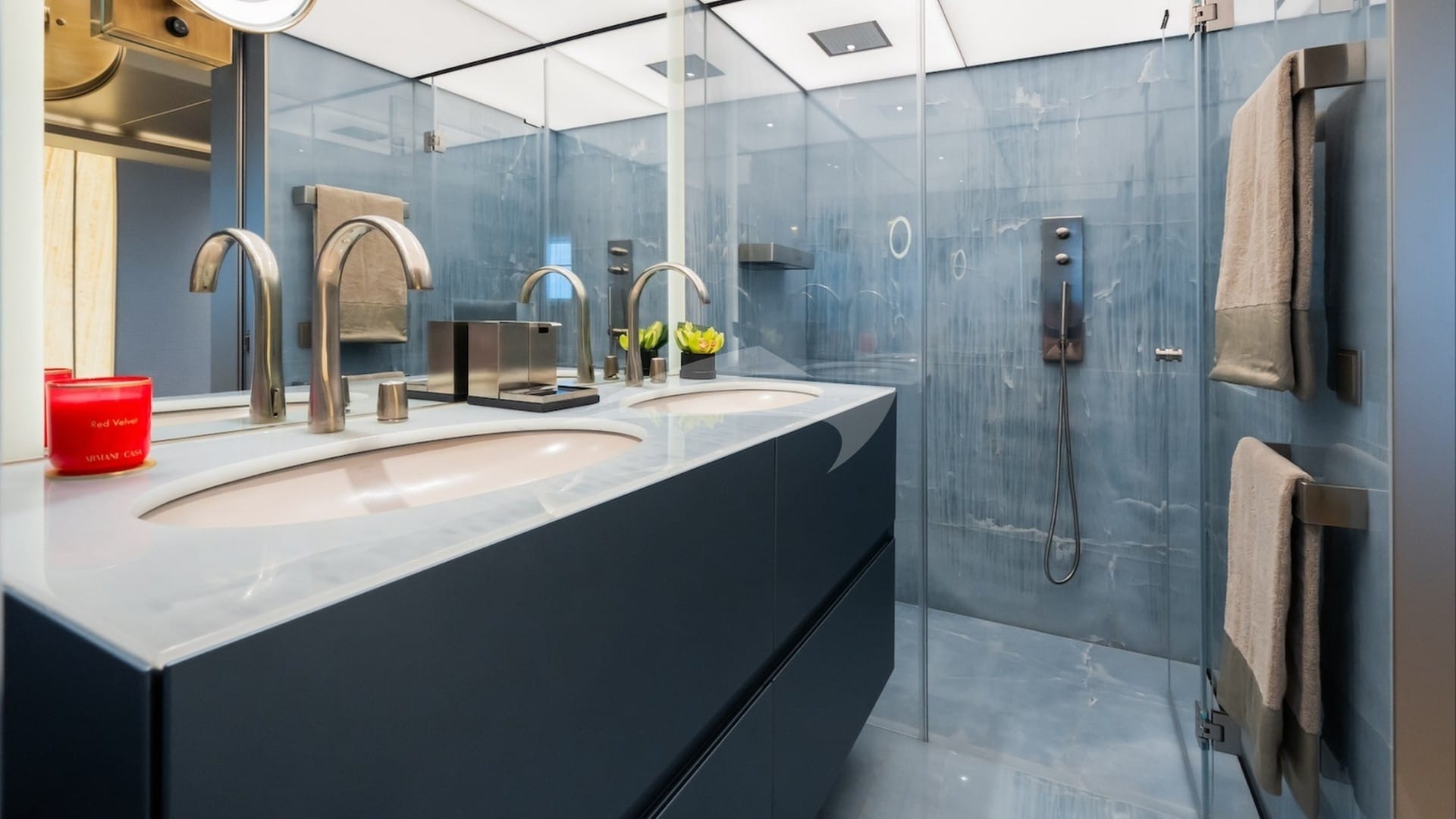 VIP stateroom en suite with his and hers sinks and shower