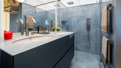 VIP stateroom en suite with his and hers sinks and shower