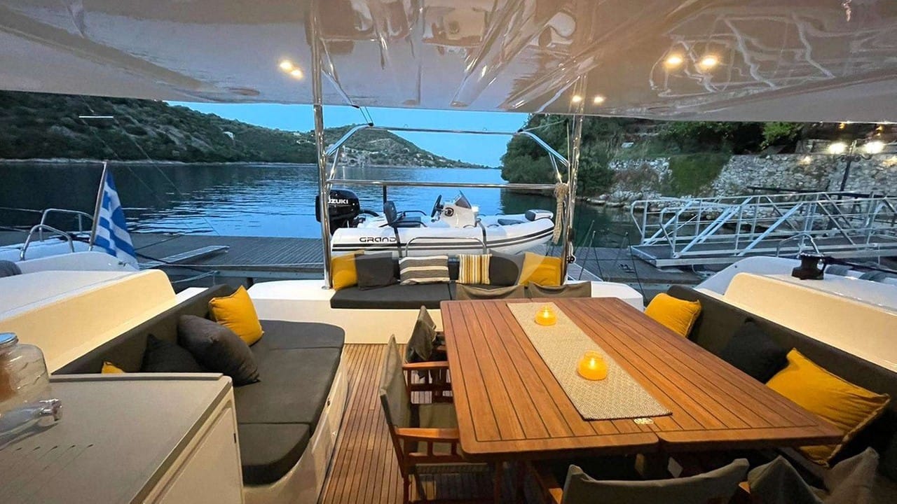 Cockpit area with custom designed large teak table