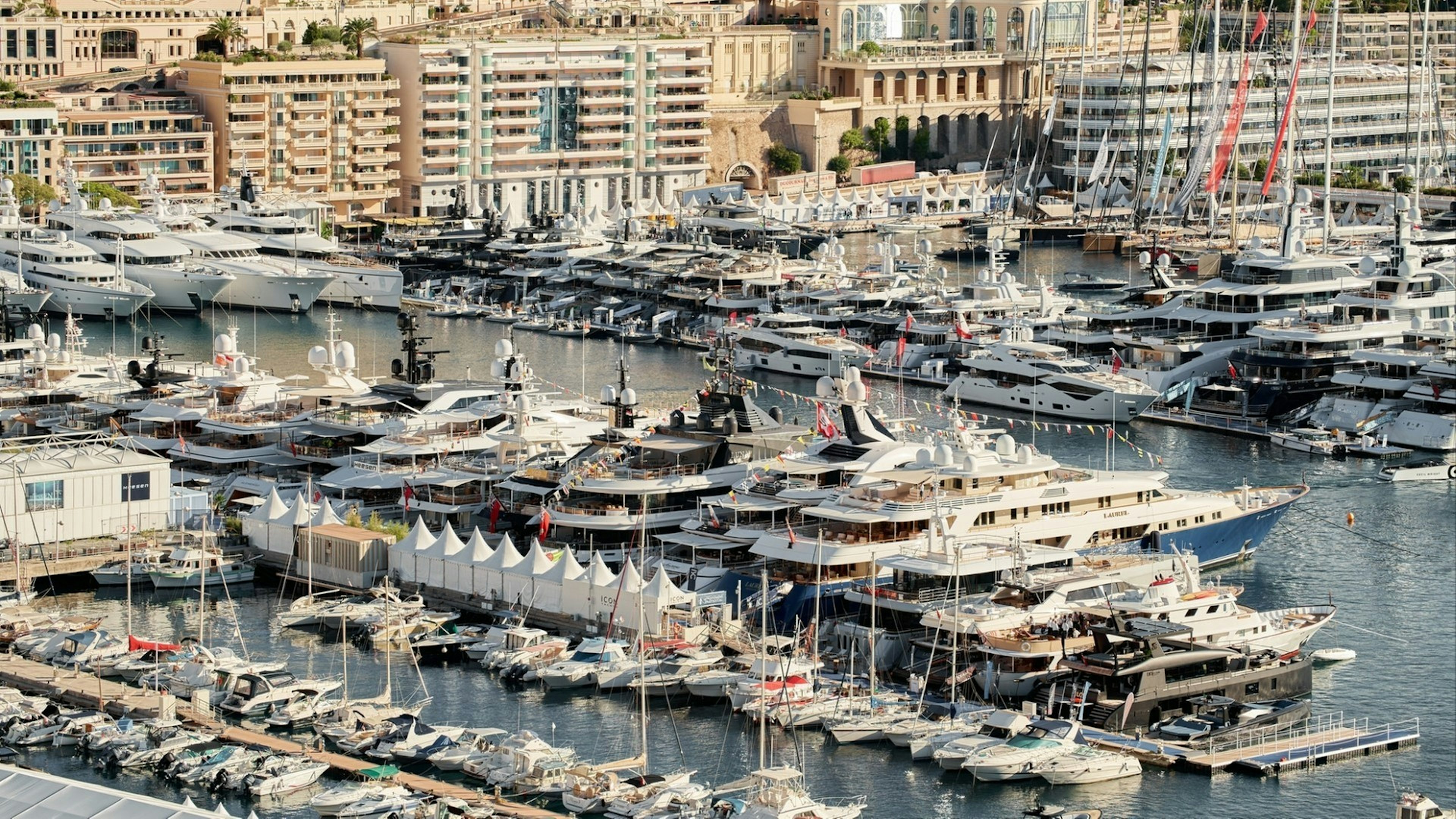 The famous motorboat exhibition at morning, mega yacht show, novelties of the boating industry