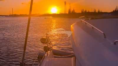 Looking down the side deck to the sunset