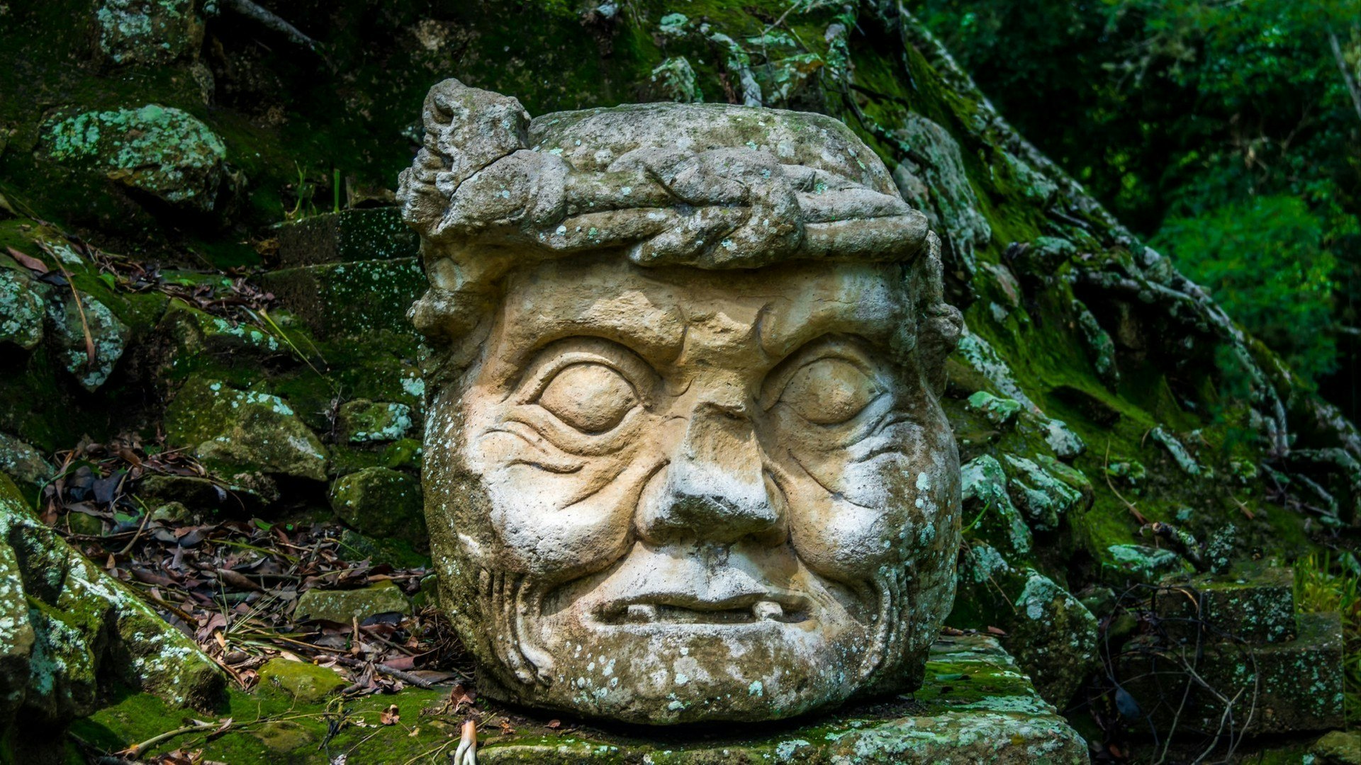 Carved old man head at Mayan Ruins