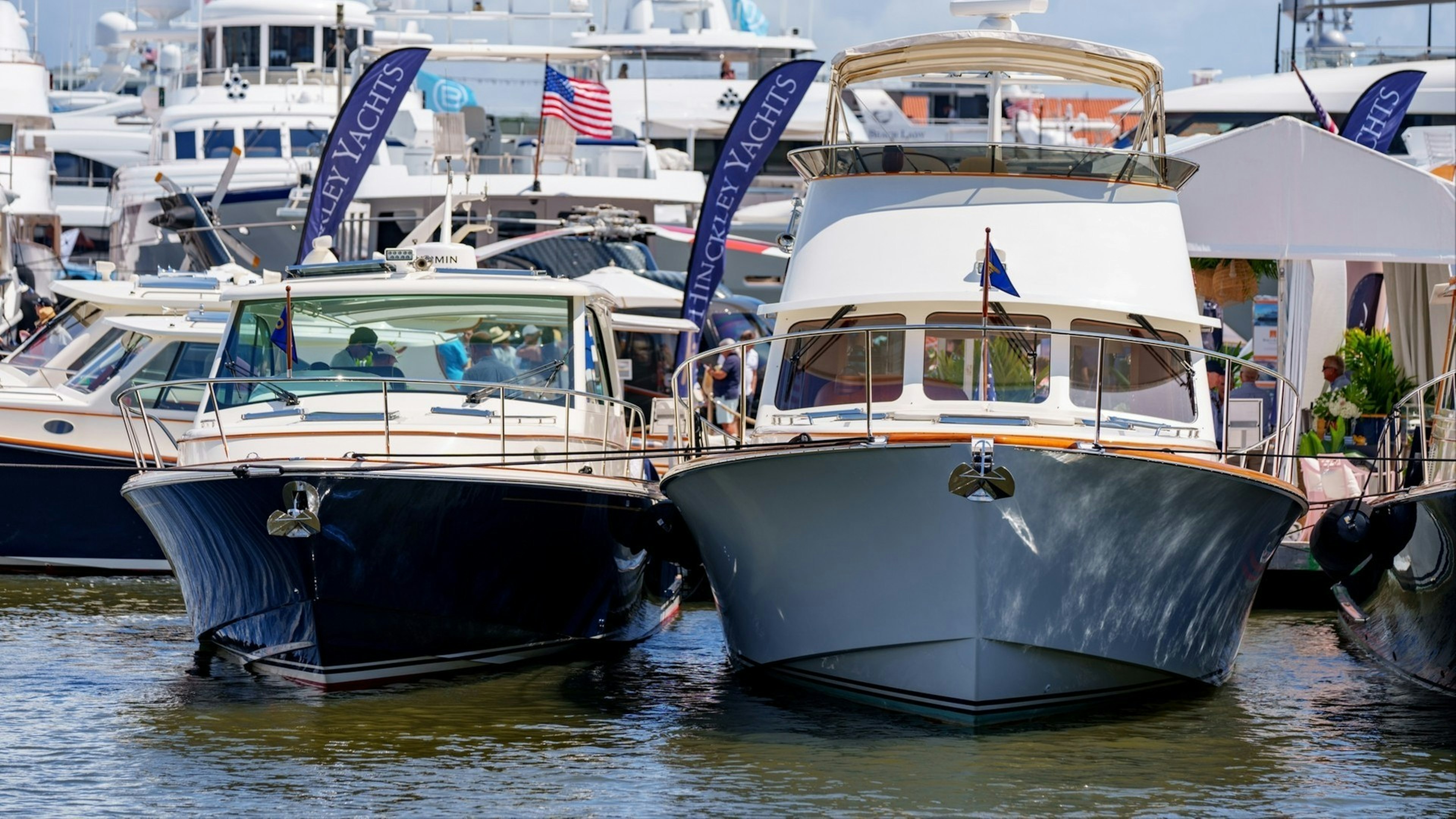 Closeup photo of luxury yachts at the Palm Beach International Boat Show