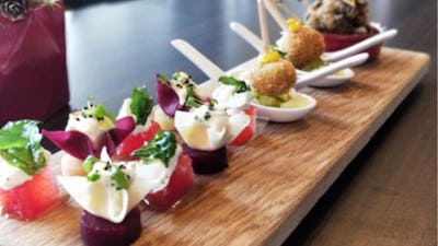 Canapes- Beetroot and Whipped Goats Curd Samosas, Mackerel Lollipops with  lemon puree and pickled fennel