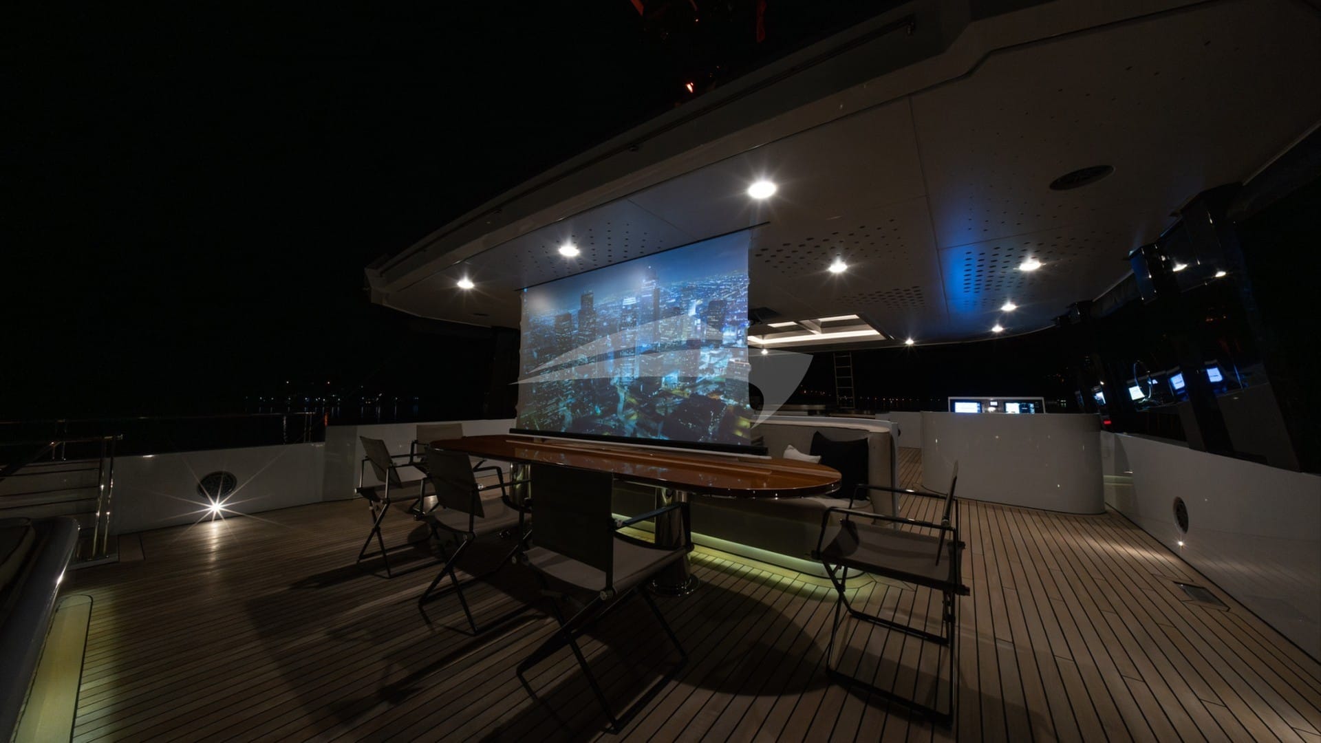 Bridge deck with 4K Ultra HD Home theatre projection screen functioning with Apple TV