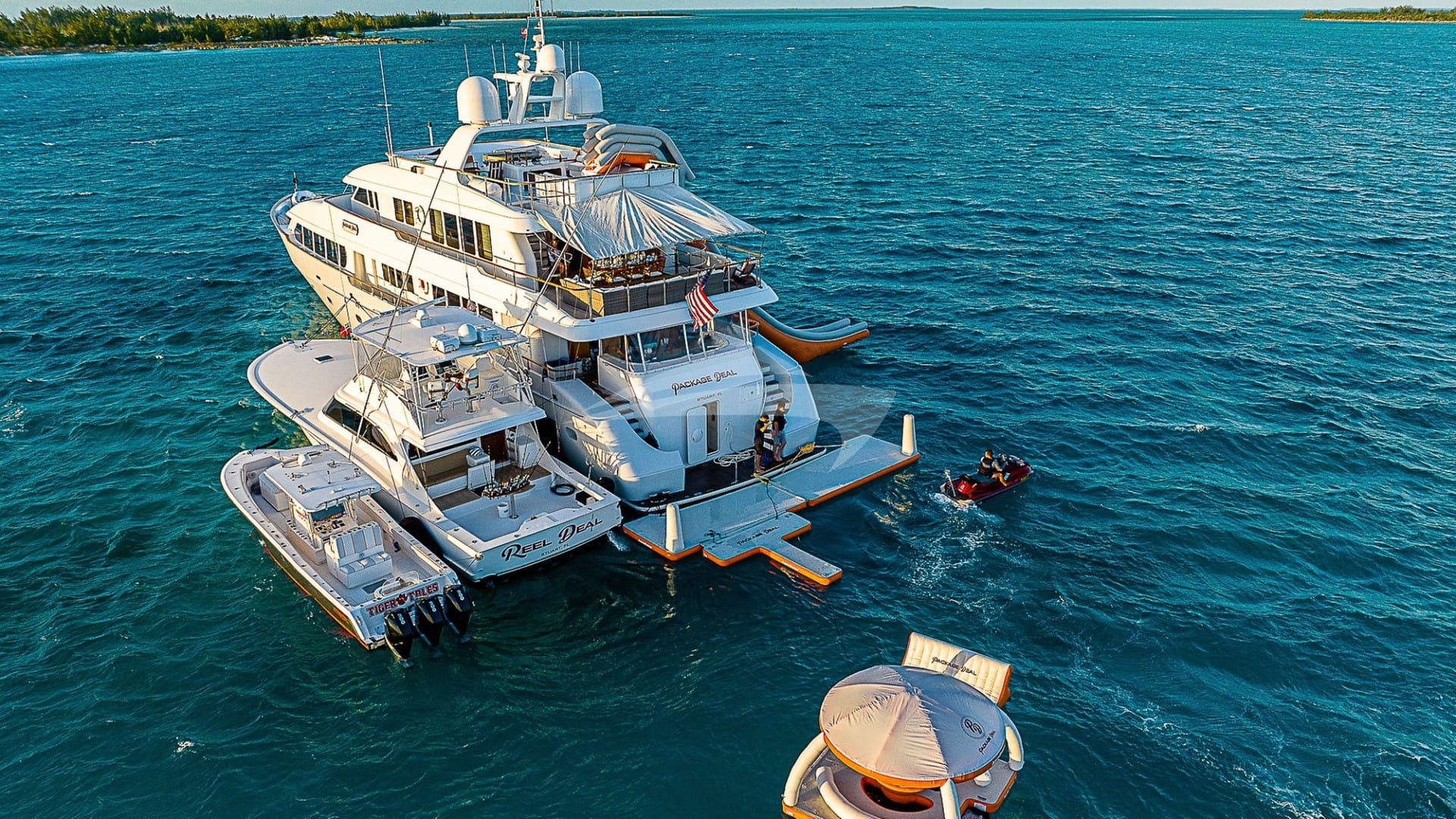 Available for a package charter with both vessel seen in picture (132' Trident and 32' Invincible). This package is separate from "Reel Deal" charters. Please see Motor Yacht "Package Deal" from details.