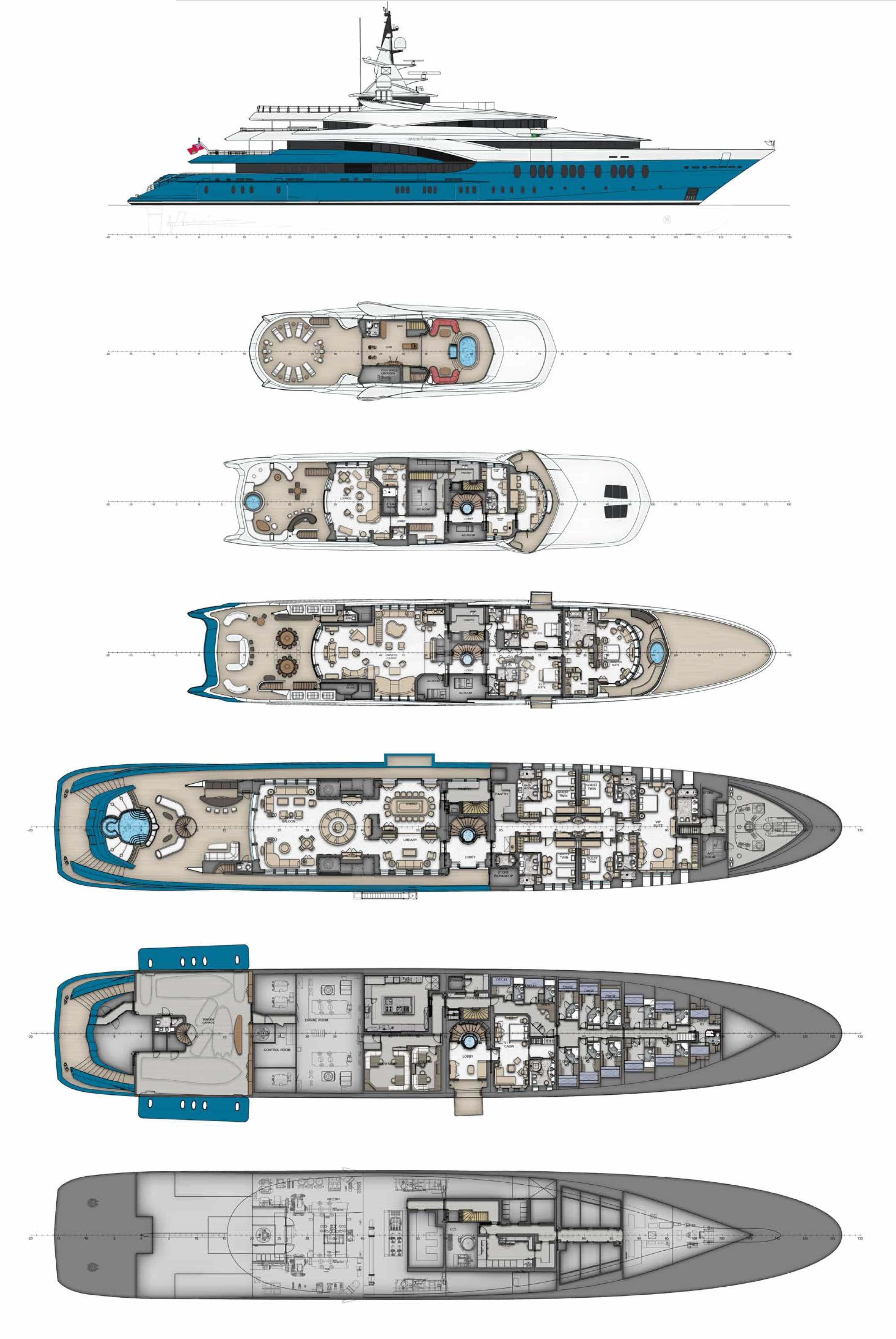 Luxury charter yacht layout diagram for SUNRAYS