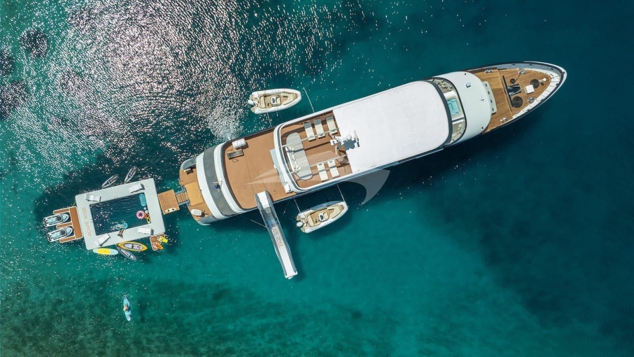 Aerial view at anchor with toys and pool