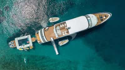 Aerial view at anchor with toys and pool