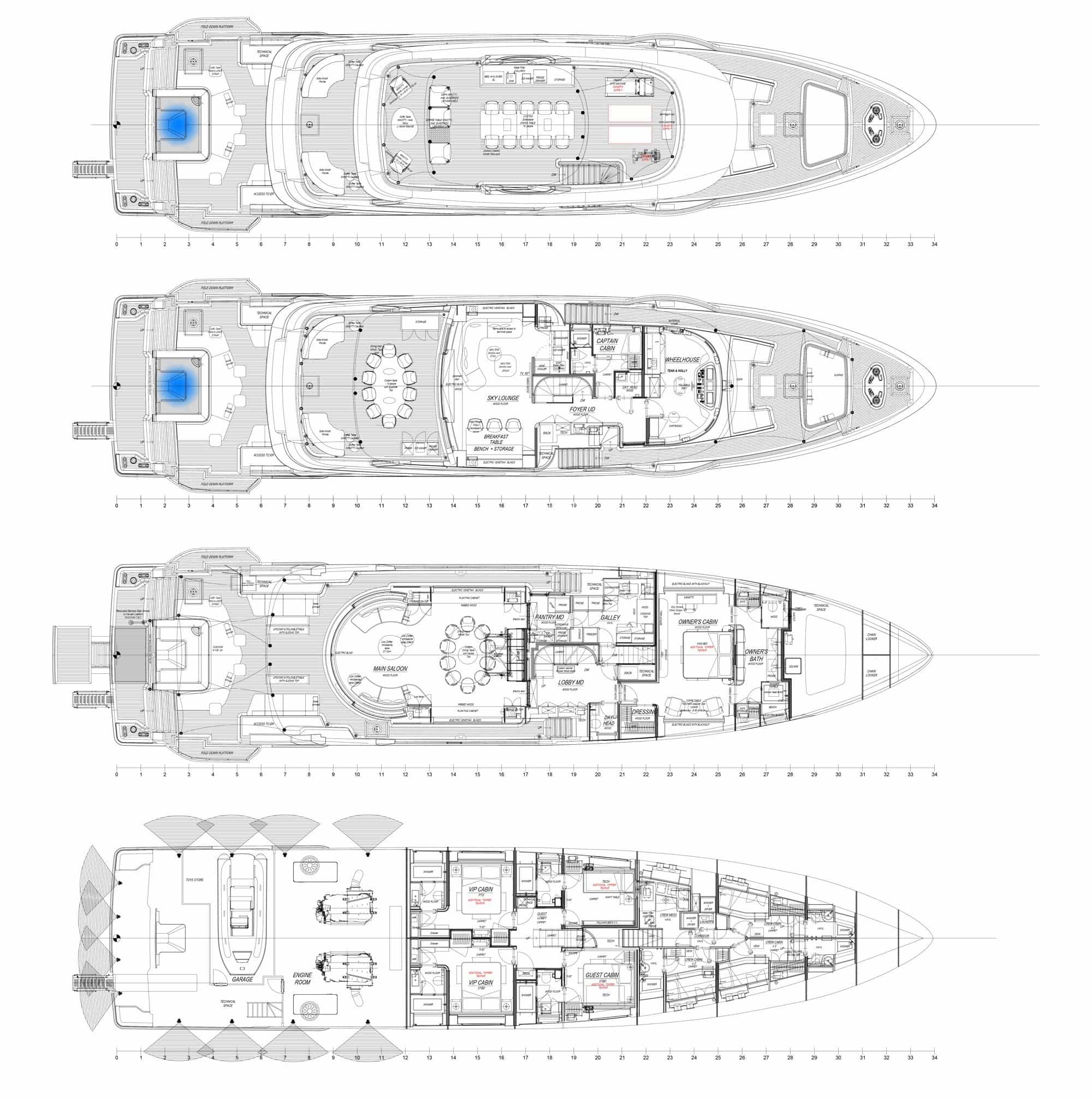 Luxury charter yacht layout diagram for A+