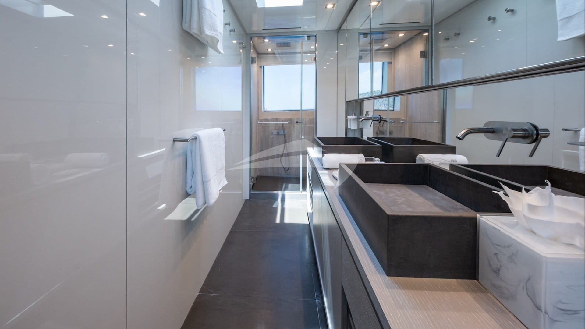 Master stateroom is en suite with his and hers sinks