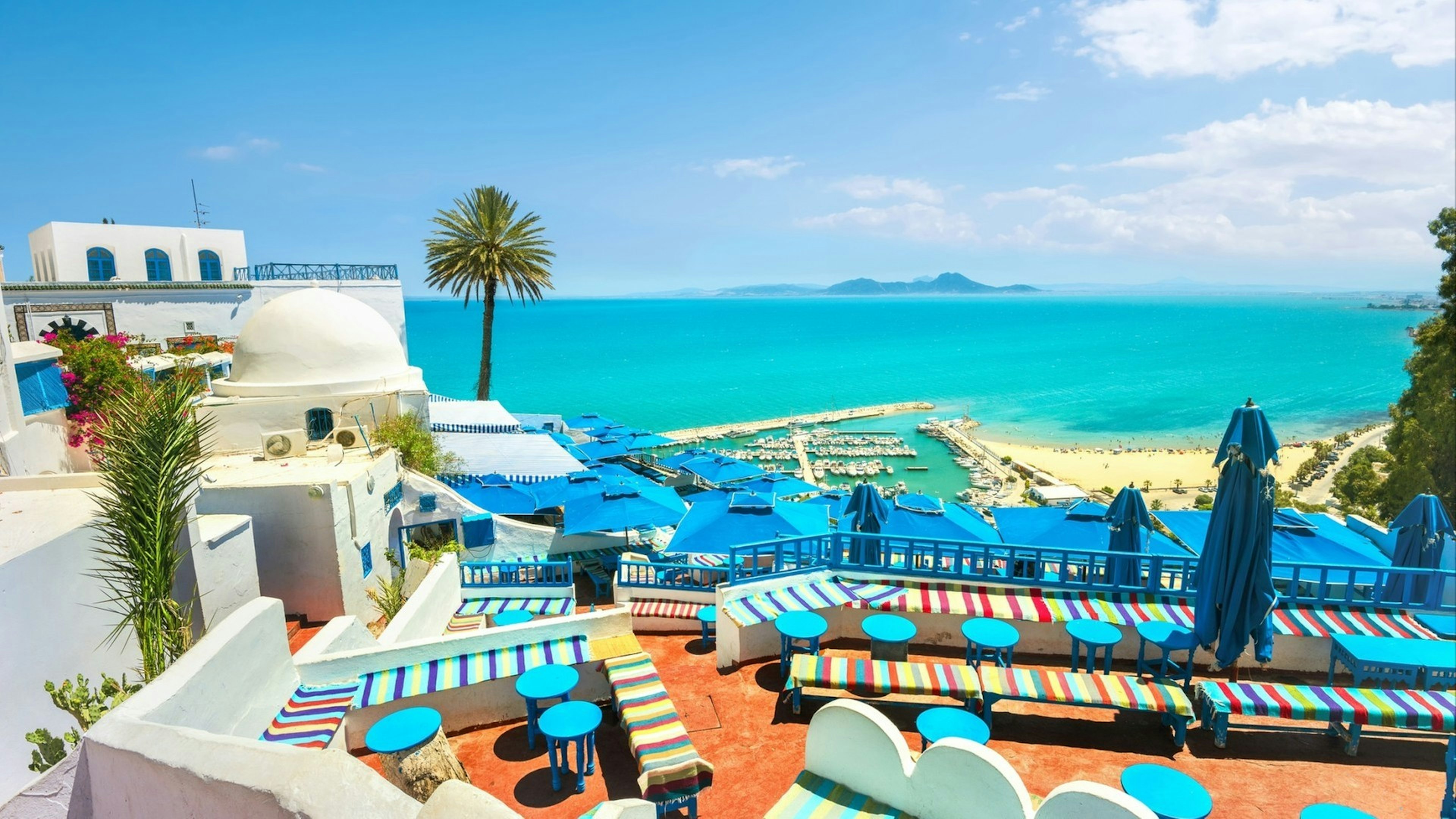Beautiful view over of seaside and white blue village Sidi Bou Said. Tunisia, North Africa