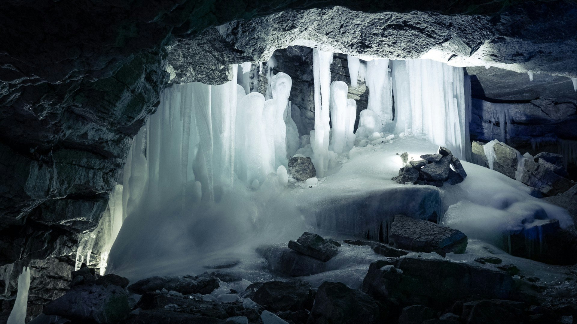 View of the ice cave with icicles. Kungur. Russia