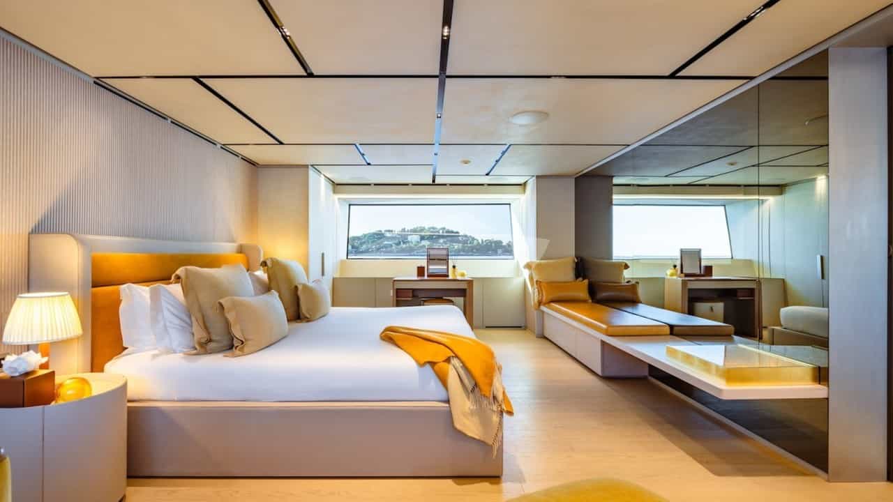 Master stateroom with large 55" audio video mirror