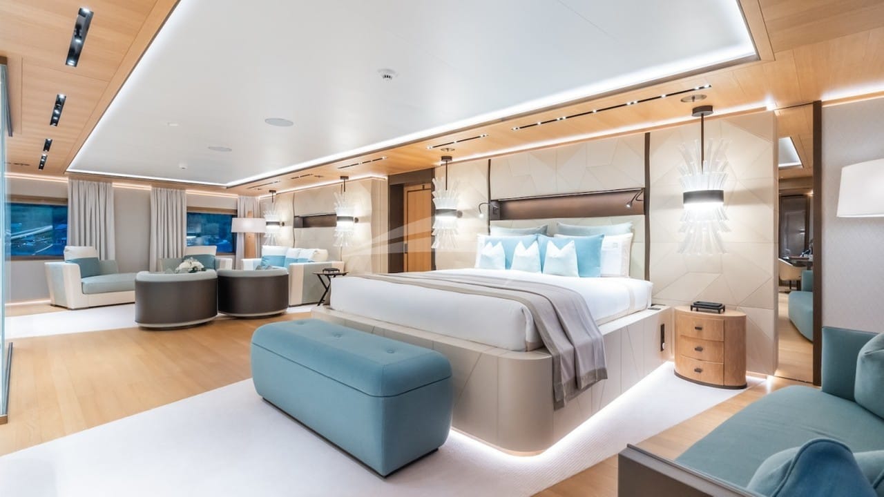 Master stateroom with king bed and 2 x 5" Smart TV'