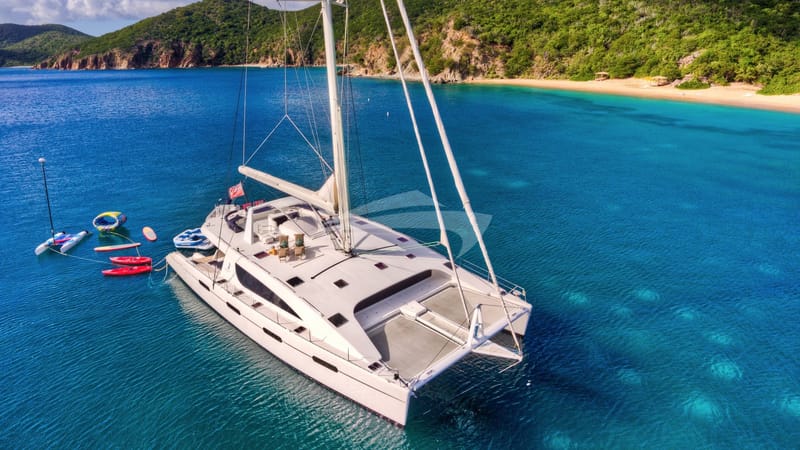 Watersports toys galore off the stern.