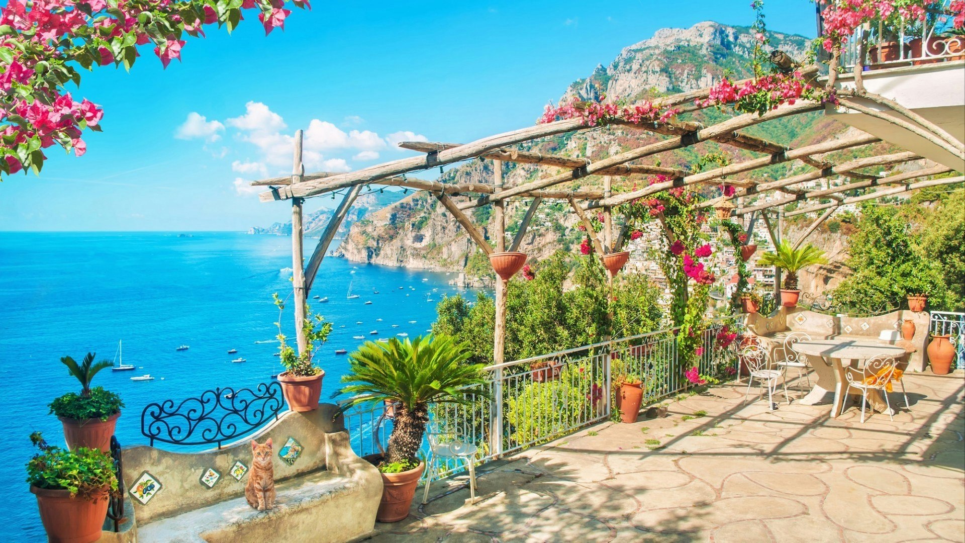 View of sea and mountains near Positano, Amalfi coast, Italy