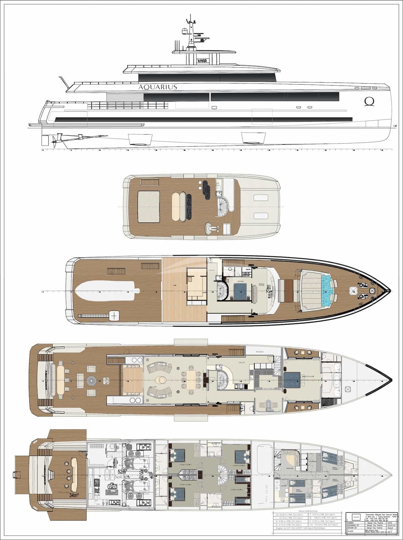 Luxury charter yacht layout diagram for AQUARIUS