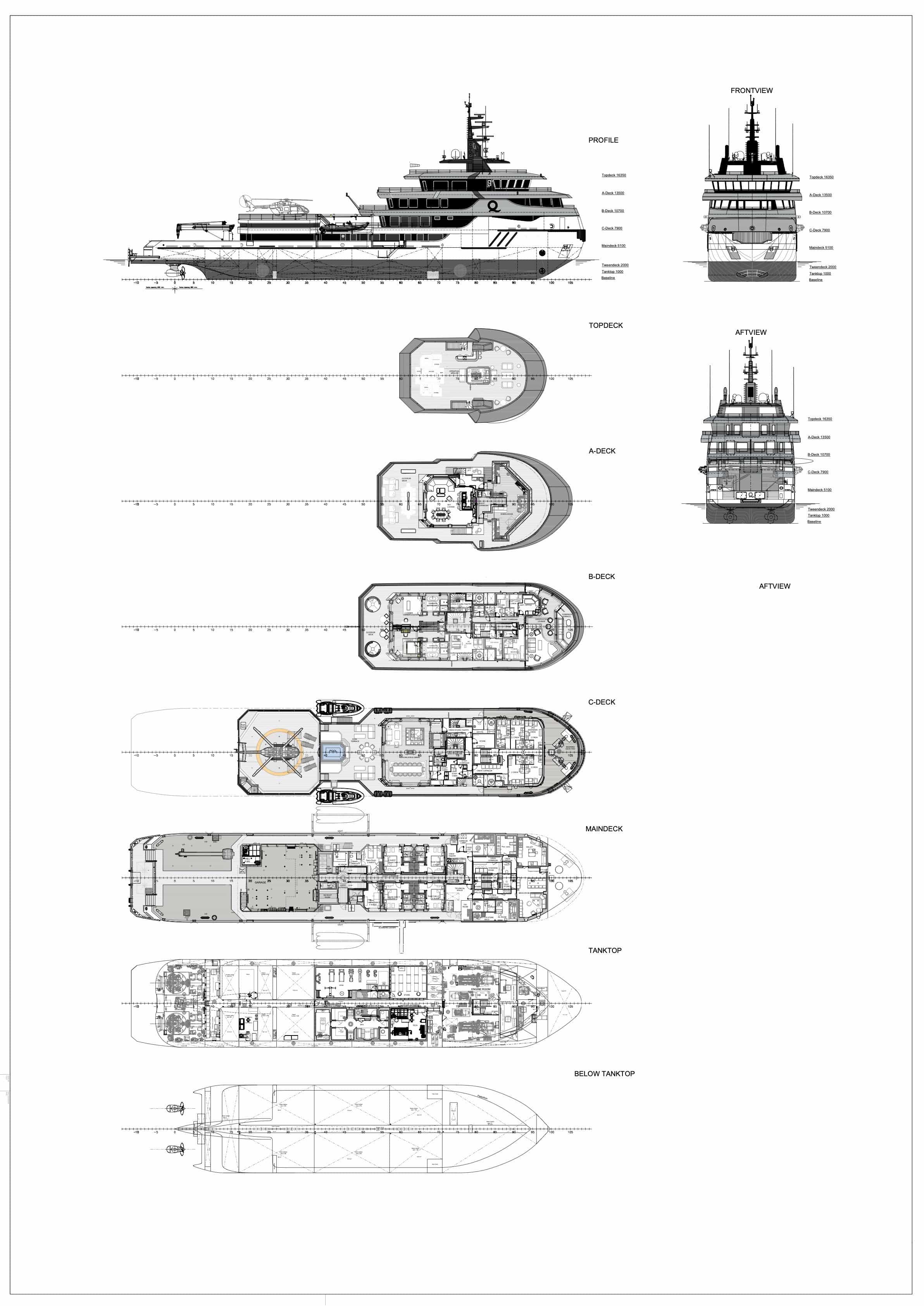 Luxury charter yacht layout diagram for Q
