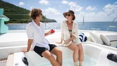 Dangling the toes in the foredeck hot tub