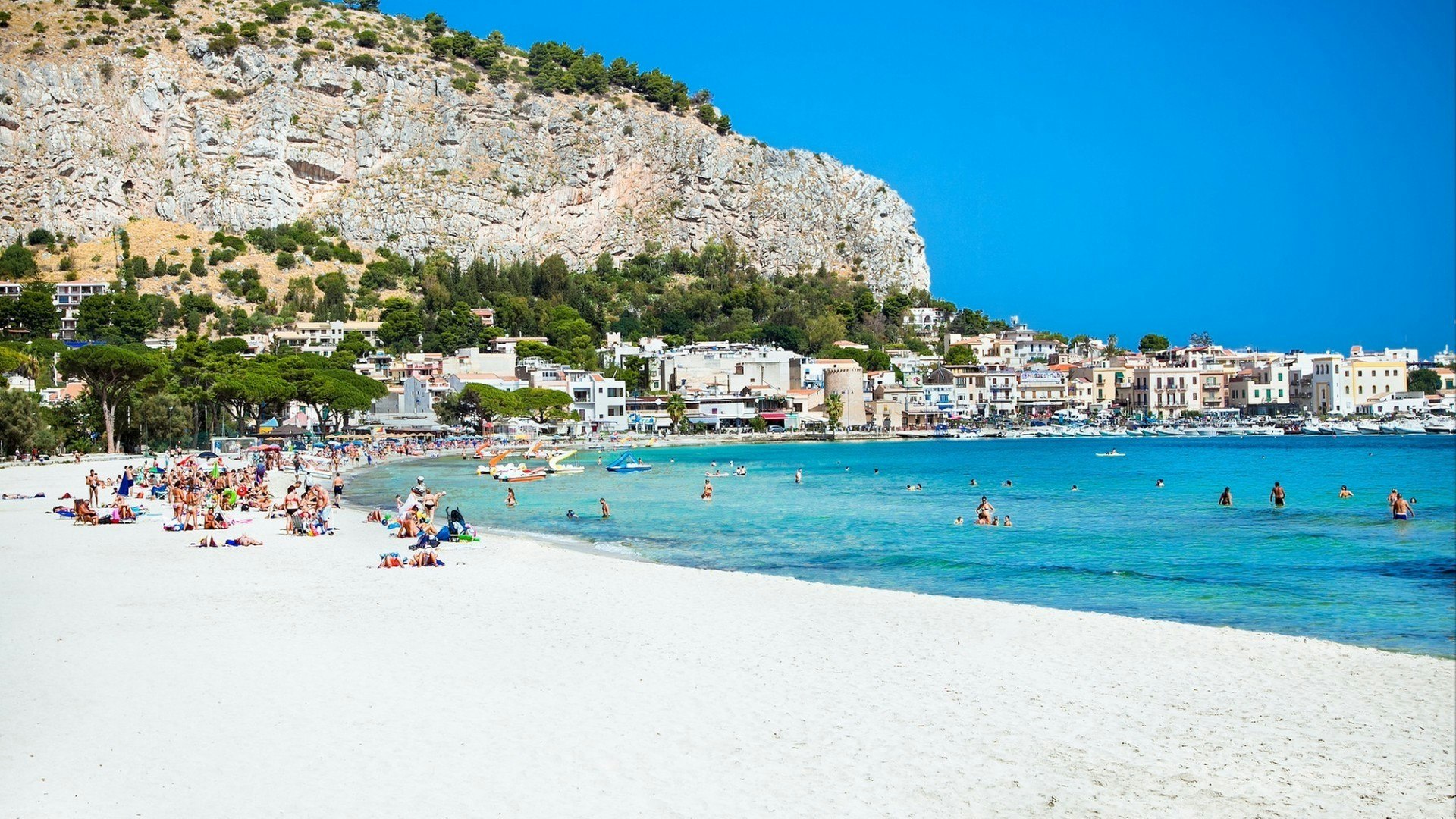 Mondello white sand beach in Palermo, Sicily. Italy.
