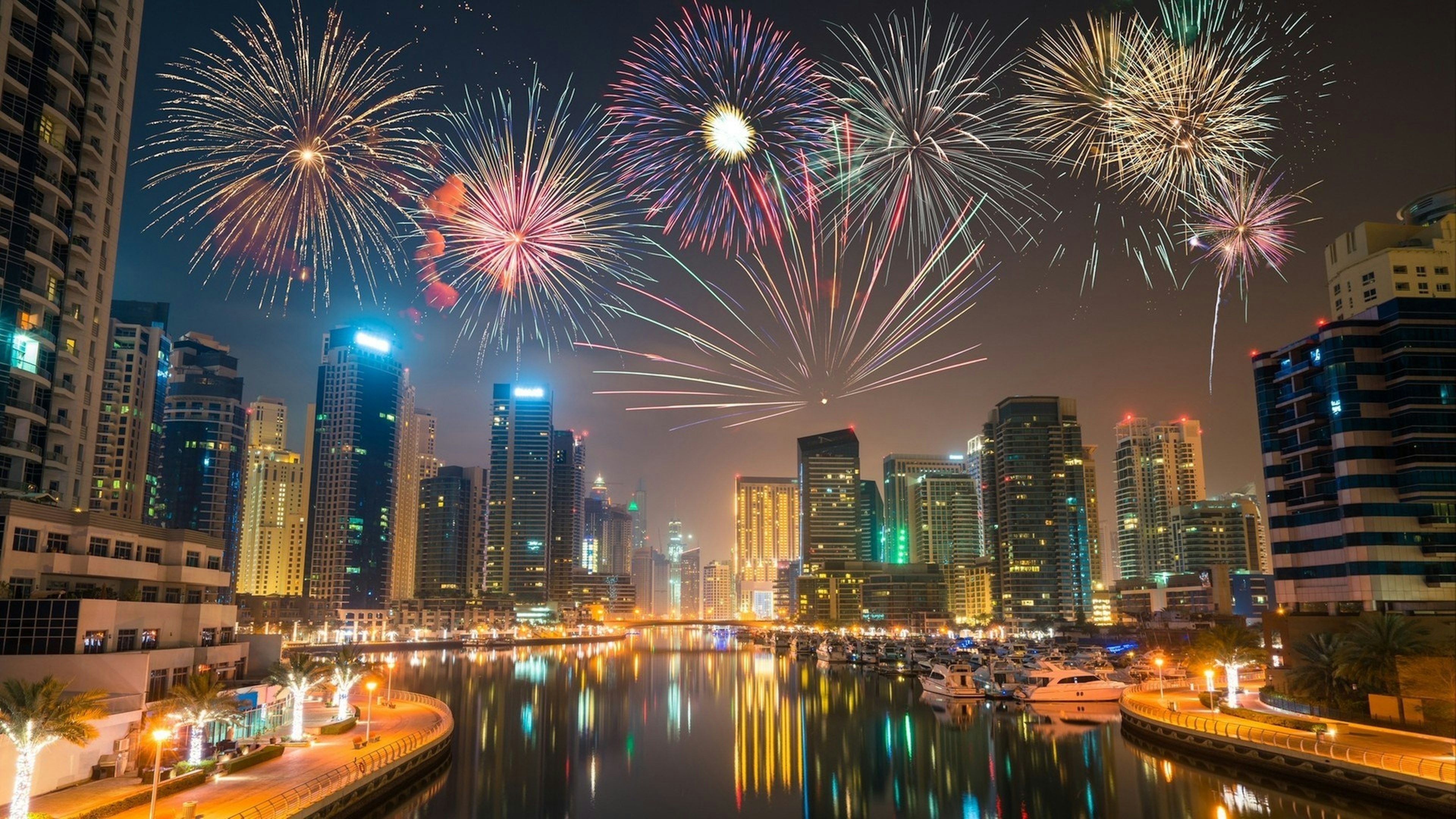 Firework display at Dubai marina at night
