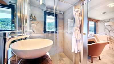 Master stateroom (2) has separate his and hers en suite with showers