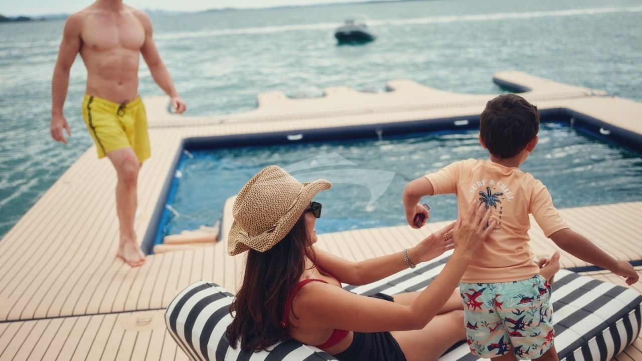 Inflatable pontoon, netted sea pool and docking platform
