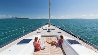 Spacious foredeck area is ideal for yoga practice
